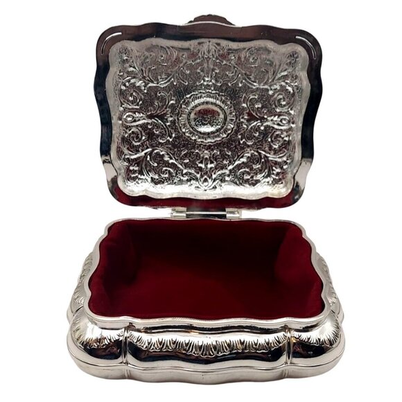 Godinger Silverplated Baroque Jewelry Box W/ Red Velvet Interior Victorian Style - Picture 3 of 9